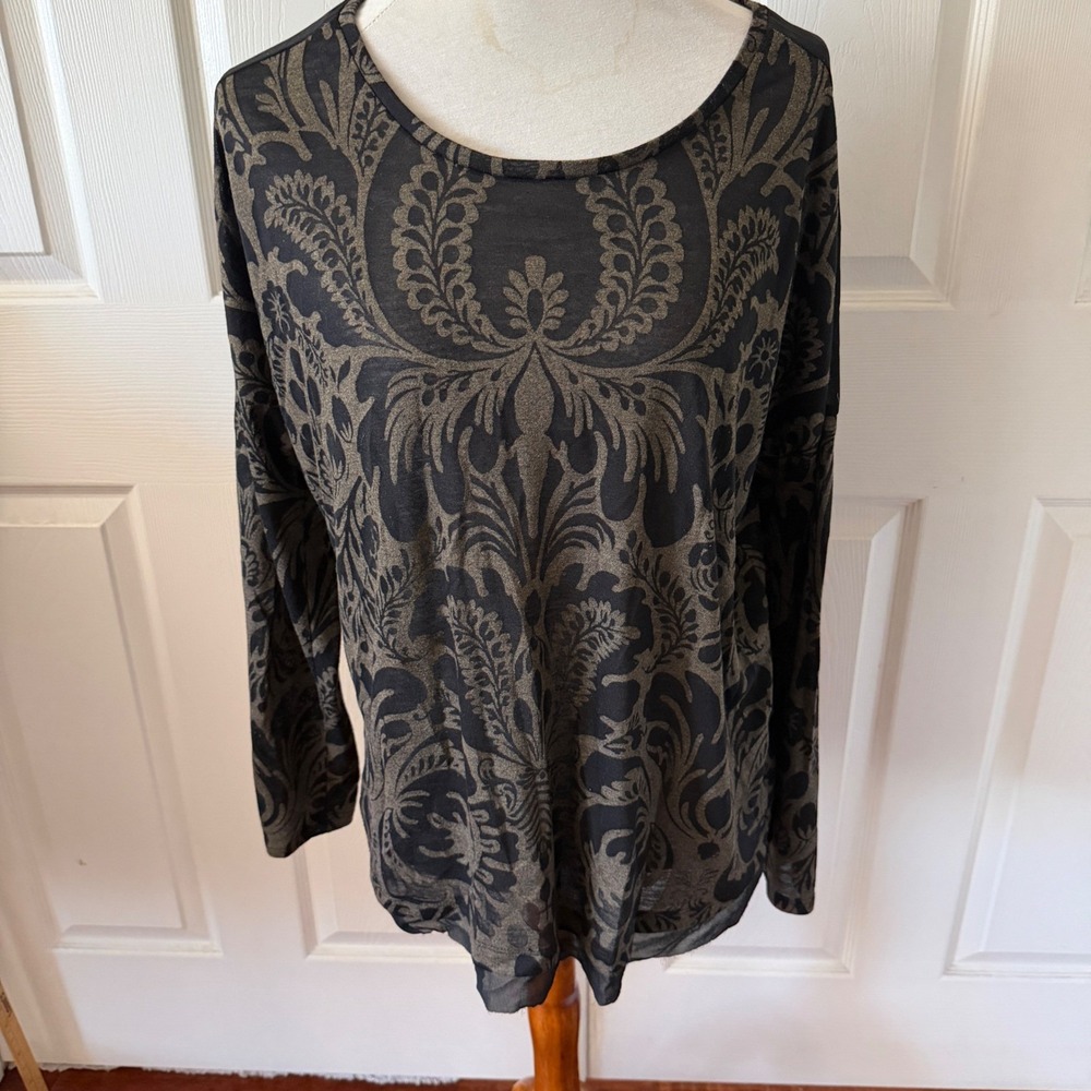 Simply Vera Wang Womens XL Top  Scroll Black Green Mesh Sheer Insert Long Sleeve